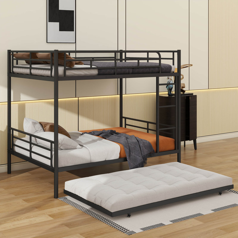 Metal Bunk Bed With Underbed Trundle, Black, Full