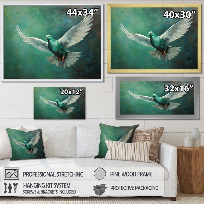 «Teal Dove S Journey», reproduction sur toile, Cadre simple argenté, H 24 po x l 32 po x P 1 po