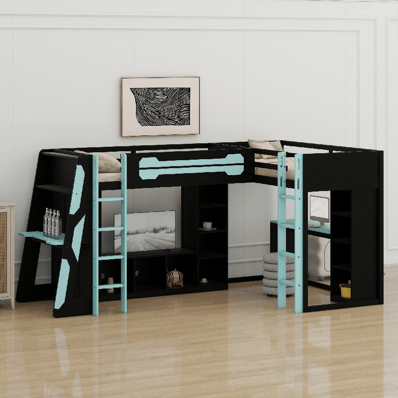 L-Shaped Wooden Gaming Bed Frame With RGB LED Lights, Blue