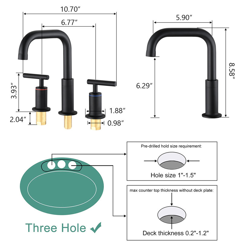 Robinet de salle de bain noir mat 8 po Très large avec poignées doubles et bonde escamotable - Laiton massif, pivotant sur 360 °, valve à disque en céramique goutte à goutte, bec de débit, 1,5 gallon par minute, facile à installer, laiton rouille et terni