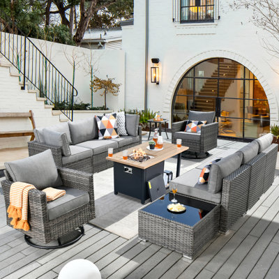 8 - Person Mostly No Assembly Required Patio Furniture Set With Swivel Rocker, Outdoor Wicker Rattan Sectional Seating Group With Cushions, All Weather Sofa Conversation Set With Fire Pit Table For Garden Backyard