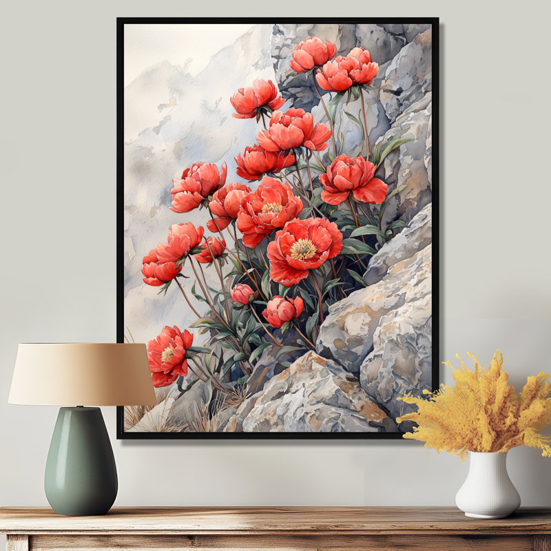 Pe pivoines par The Rocky Outcrop I - pivoines, art mural encadré, H 20 po x l 12 po, Reproduction avec cadre flottant, Noir