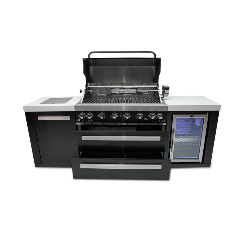 Mont Alpi 6-Burner 115000 BTU Black Stainless Steel Outdoor Kitchen Island BBQ Grill + Refrigerator