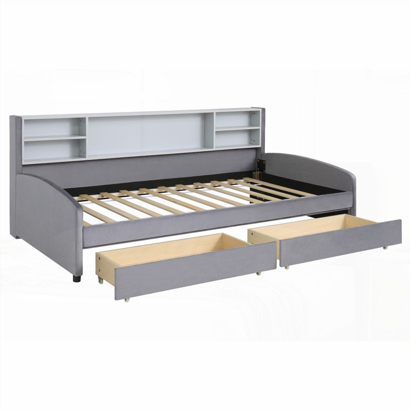 Lit plateforme simple tapissier avec rangement spacieux et tablette intégrée, gris (aucun sommier requis, fabrication robuste)