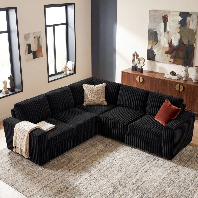 Hoelscher L-shaped Sleeper Sectional Upholstered Sofa Bed With Storage Space, Black Corduroy