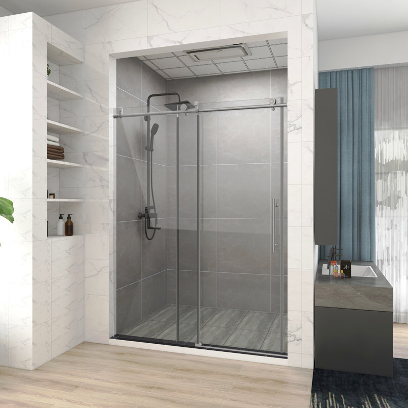60 In. W X 76 In. H Single Sliding Frameless Shower Door/Enclosure In Brushed Nickel Finish With Clear Glass, Brushed Nickel