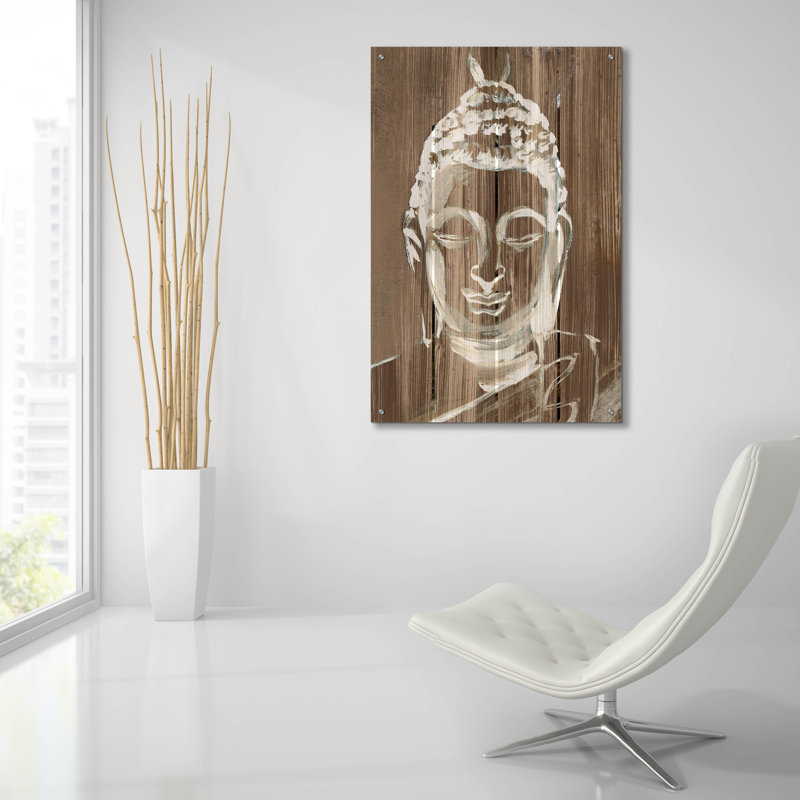  «Bouddha sur bois 2» par Annie Warren, art mural en verre acrylique, 24 po x 36 po, H 36 po x l 24 po