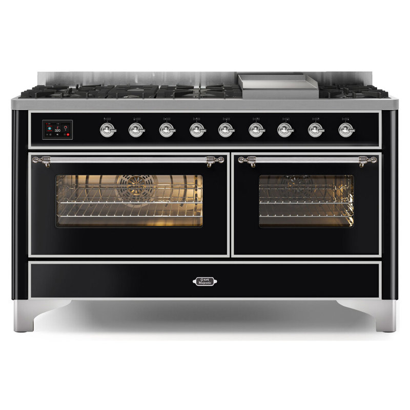 ILVE UM15FDNS3BGG Majestic II 60 inch Dual Fuel Range with 9 Burners, Griddle (Natural Gas, Triple Glass Door, Blue Grey, Brass)