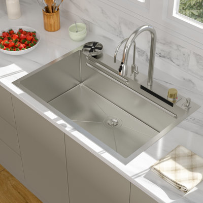 33" Drop-In 16 Gauge Stainless Steel Kitchen Sink with Waterfall Faucet