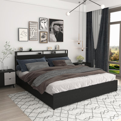 King Bed Frame, Storage Headboard With Charging Station, Solid And Stable, Noise Free, No Box Spring Needed, Easy Assembly