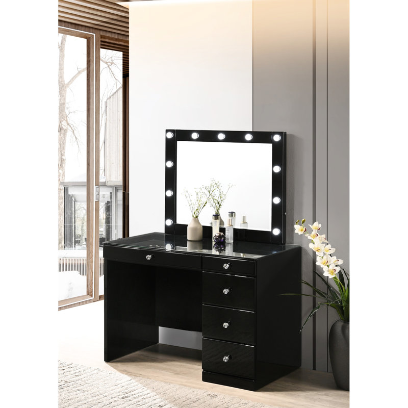 Ensemble de meuble-lavabo noir avec miroir et plateau en verre et 5 tiroirs en cristal