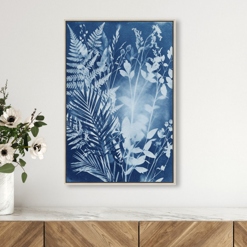 Blue Foliage II Print by Oliver Gal, 17"H x 25"W, Silver Floater Frame