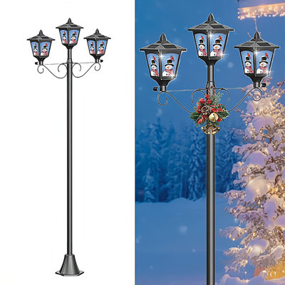 Christmas 72" Solar Lamp Post Lights Outdoor, Triple-Head Vintage Led Street Light With Dusk To Dawn Sensor, Ip65 Waterproof For Garden, Patio, Pathway, Yard, Xmas Decor(Snowman Red Bird)