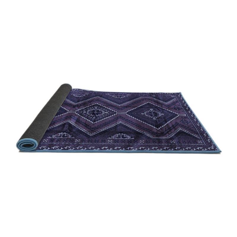 Tapis géométrique en laine / polyester tissé à la machine bleu foncé / mauve, Carré 3 pi