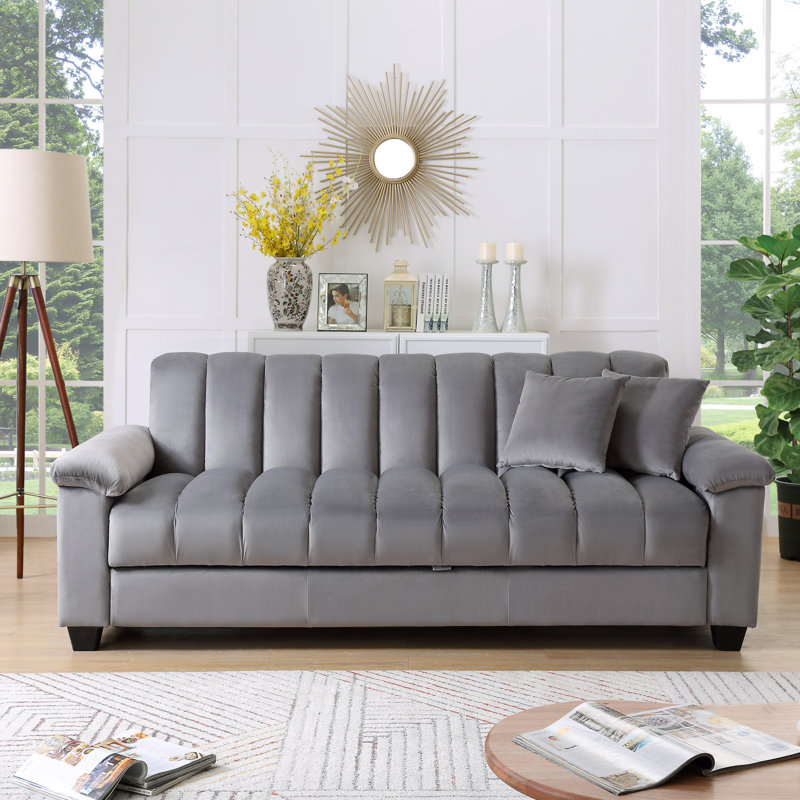 Canapé-lit double en velours avec rangement Biscuit, Gris, H 33,75 po x l 82,7 po x P 35,25 po