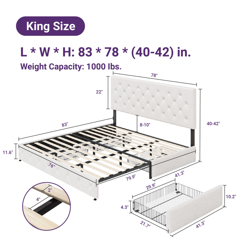 Zelna Upholstered Platform Storage Bed with 4 Drawers and Sleek Button Tufting, White, King