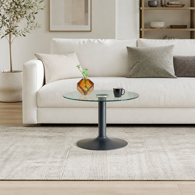 Table basse ronde en verre trempé avec base en métal noir, 27,5 po