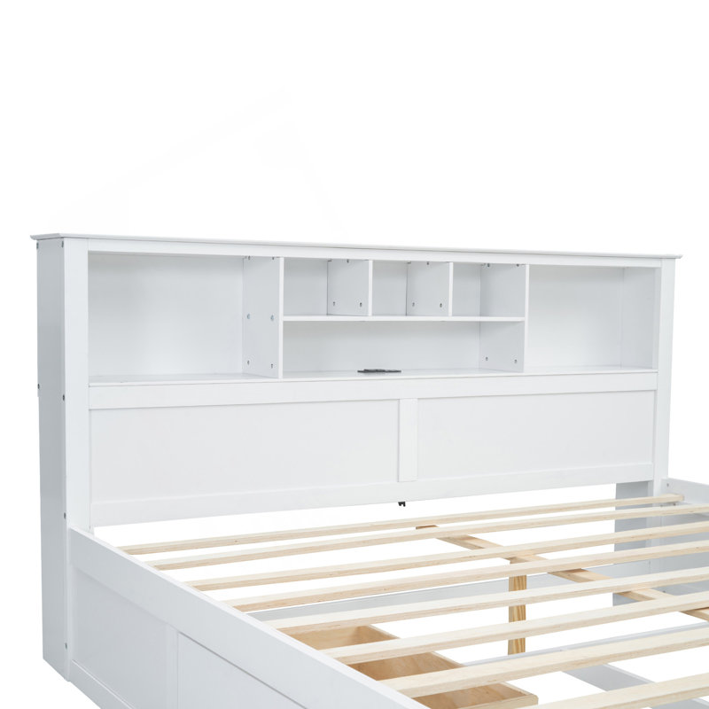 Lit plateforme très grand en bois avec tête de lit à rangement multiple, chargement USB et tiroirs sous le lit pour un sommeil organisé et confortable