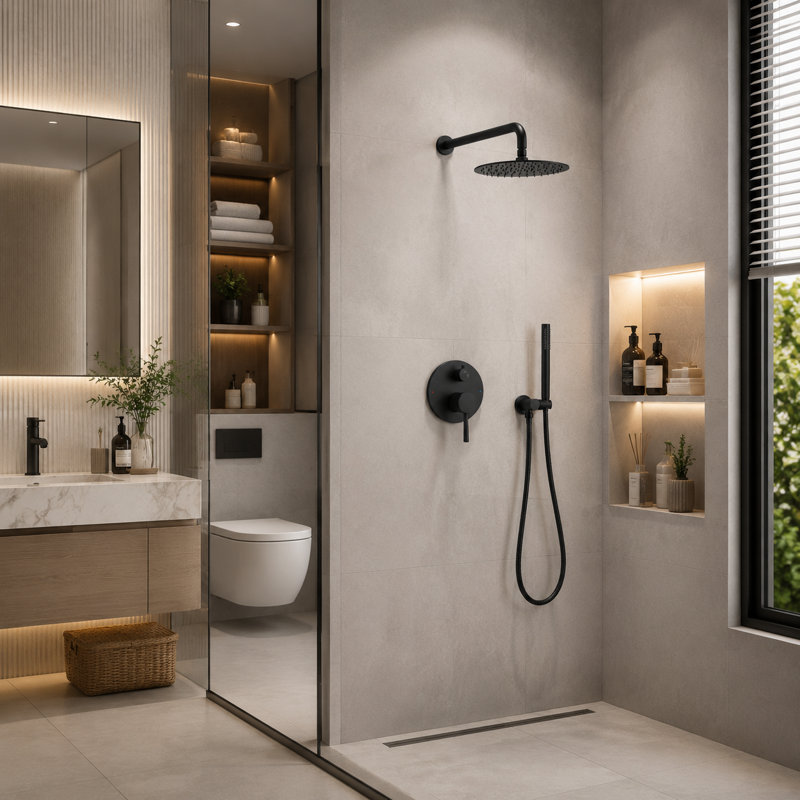 Double Handle Concealed Bathroom Complete Shower System with Balance Valve Rain Showerhead, Matte Black
