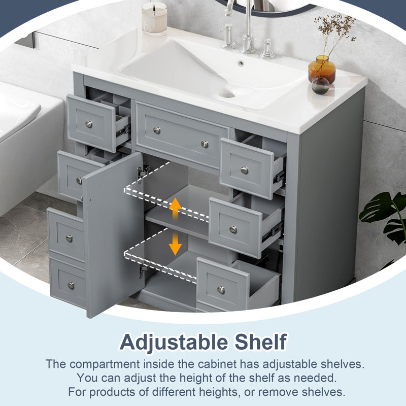 36" Bathroom Vanity Cabinet With Ceramic Sink Combo, Gray