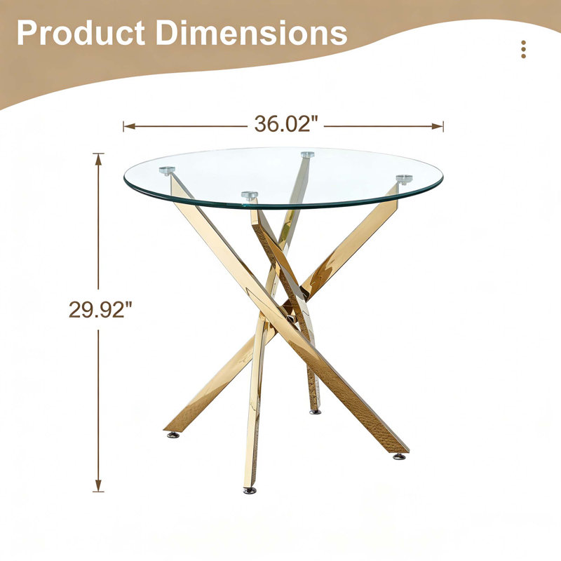 Lakeicha Round 36'' Glass Top Metal Base Dining Table, Gold