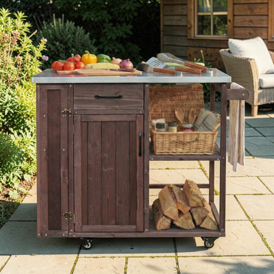 Îlot de cuisine roulant en bois avec comptoir en acier inoxydable, beaucoup de rangement, station de préparation pour patio