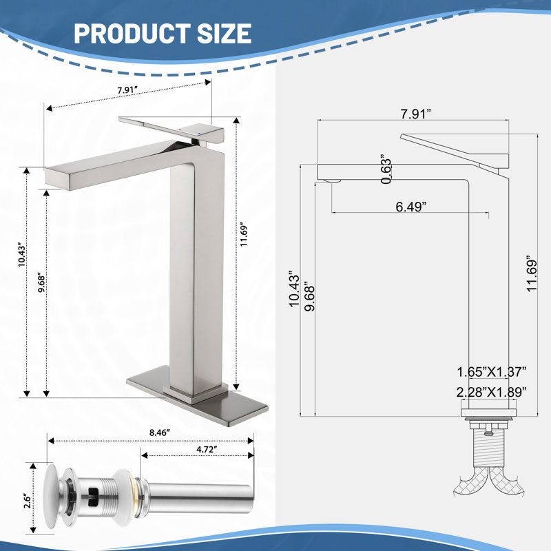 Robinet de lavabo vasque à poignée simple en laiton massif 12 "avec ensemble de drain et plaque de pont, Drainage inclus