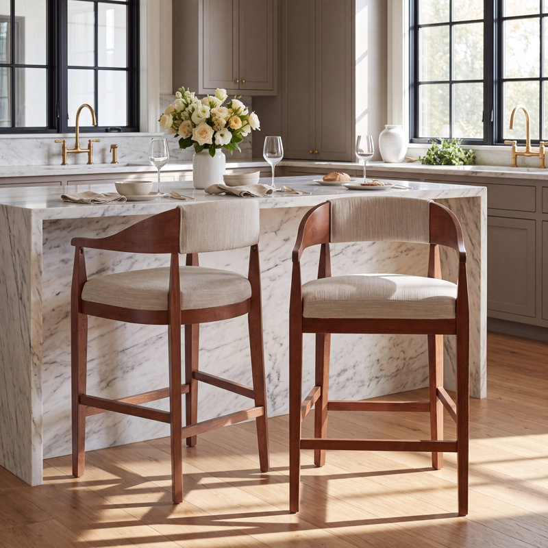 Tabouret Eryx, Coussin beige / structure en noyer
