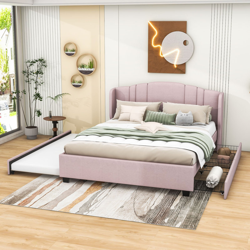 Lit plateforme tapissier grand avec 2 tiroirs et gigogne simple Hartli, Rose