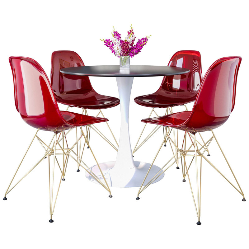 Elkton 5-Piece Dining Set With 35" Round Dining Table In White Iron Pedestal Base And 4 ABS Plastic Side Chair With Gold Base