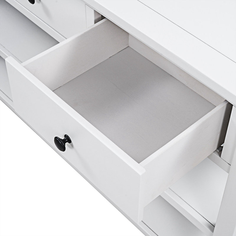 Console avec 2 tablettes ouvertes et 3 tiroirs, Blanc antique, Blanc antique