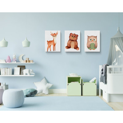 «Cute Owl Deer Bear Cartoo», ensemble de 3 reproductions sur toiles tendues