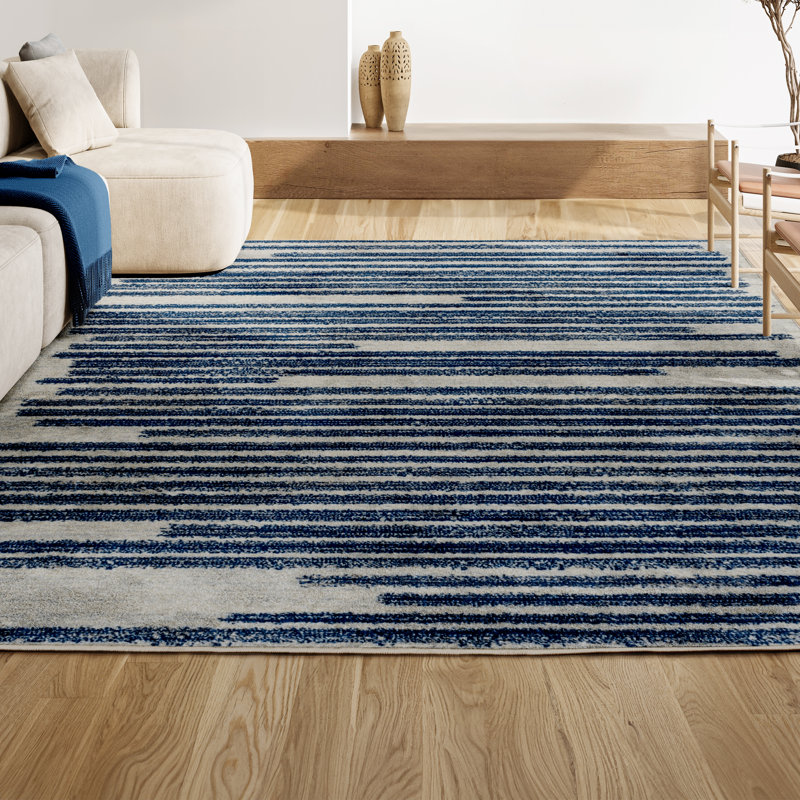Baumgardner Modern Berber Stripe Cream/Navy Rug, Rectangle 4' x 6'