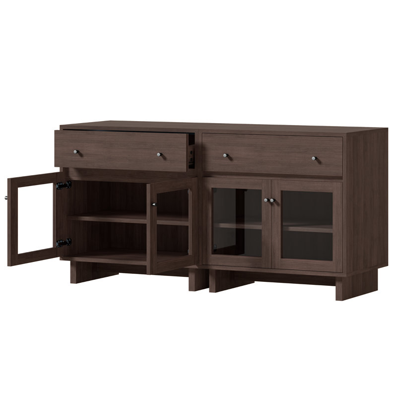 Buffet Almaguer de 80 cm de large avec tiroir, portes vitrées et tablette réglable (ensemble de 2), noyer brun, Brun noyer