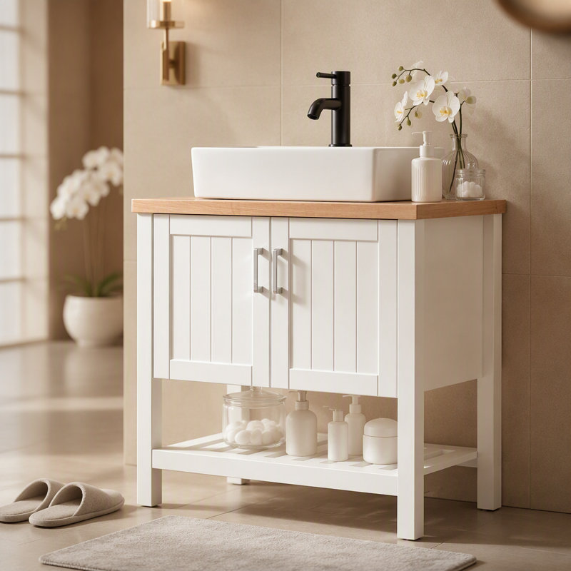 Meuble-lavabo simple 32 "avec lavabo, meuble-lavabo simple avec portes et tablette ouverte, petit meuble-lavabo en bois massif avec lavabo, blanc + naturel