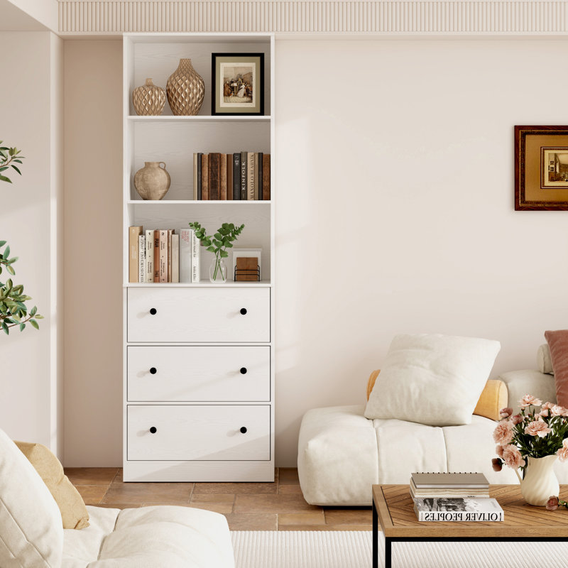 Bibliothèque standard H 70,9 po x l 23,6 po avec 2 tablettes ouvertes et 3 tiroirs, Blanc