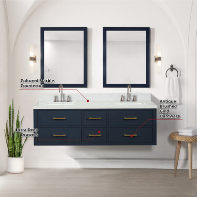 Meuble-lavabo double 60 po bleu X P 22 po D, plateau en marbre de culture, ensemble de robinet et Miroirs
