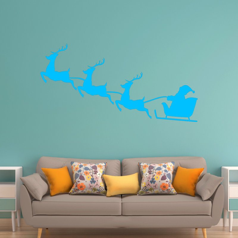 Décalcomanie murale noël renne père noël, Bleu ciel, H 22 po x l 40 po