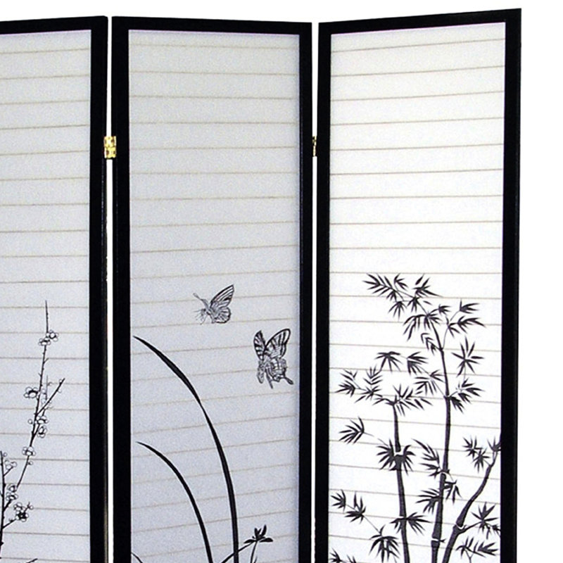 Paravent de 70 po de hauteur à 3 pièces avec motif floral et noir