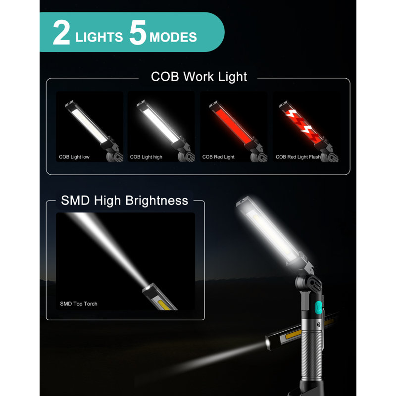 Rechargeable LED Work Light, Rotating And Folding Torch, Battery Powered With Magnetic Base, 5 Mode COB Flashlight