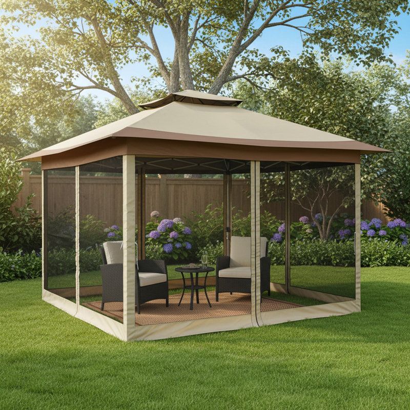 12x12 Gazebo Outdoor Pop-up Canopy with Mosquito Netting 2-Tiered Vented Top 3 Adjustable Height for Backyard, Garden, Lawn