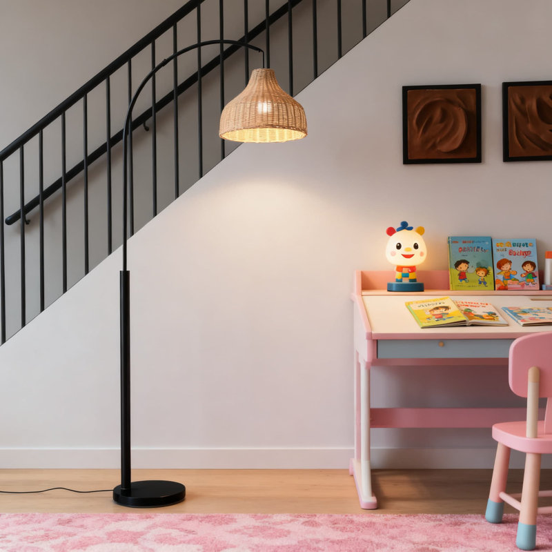 Floor Lamp With Rattan Shade - Modern Standing Led Light For Living Room, Bedroom & Office - Smart Home Compatible Tall Corner Lamp With Built-In Led Bulb