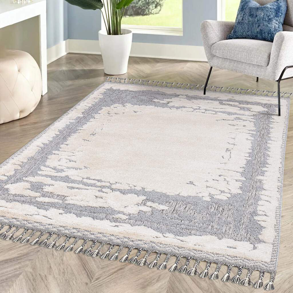 Teppich Wohnzimmer Boho-Stil Abstrakt Bordüren-Motiv Relief-Optik 3D-Effekt Cut-&Loop Sisal Moderne Fransen Achille