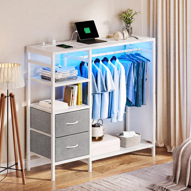LED Lighted Coat Rack with Hanging Rail and 2-Drawer, White