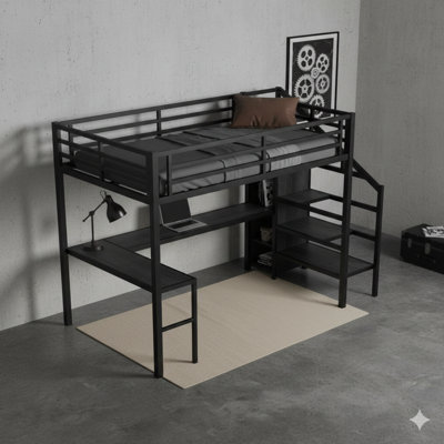 Lit mezzanine double en métal noir avec bureau en L, ports USB, garde-robe, tablettes réglables et éclairage à DEL intégré pour tous les âges