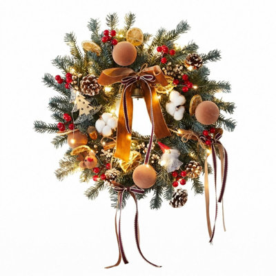 Couronne de Noël artificielle 19,7 pouces avec arc rouge et accents naturels pré-éclairés