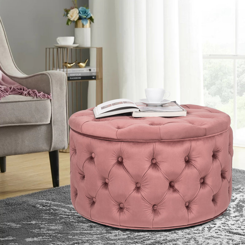 Amram Tufted Round Storage Ottoman, Blush Pink Velvet