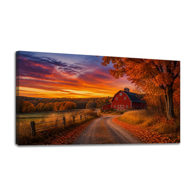 Tableau sur toile représentant une grange rouge, une ferme, un coucher de soleil automnal, des arbres et un chemin de campagne. Décoration murale idéale pour le salon, la salle de bain, la chambre à coucher ou le bureau. Dimensions : 61 cm (H) x 122 cm (L). Prêt à accrocher.