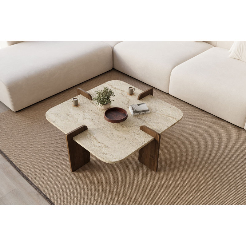 Table basse carrée en travertin et noyer, Travertin noyer, Beige
