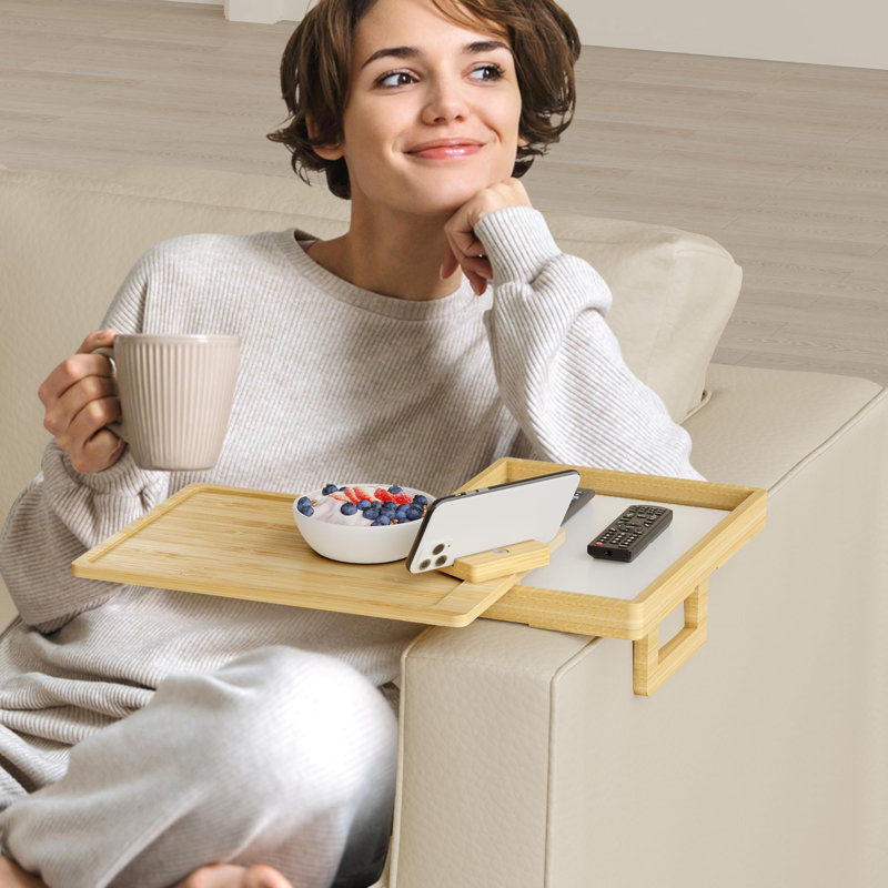 Bamboo Couch Arm Tray For Wide Couch, Sofa Arm Clip Table With Storage Box, Couch Armrest Tray With 360°Rotating Phone Holder